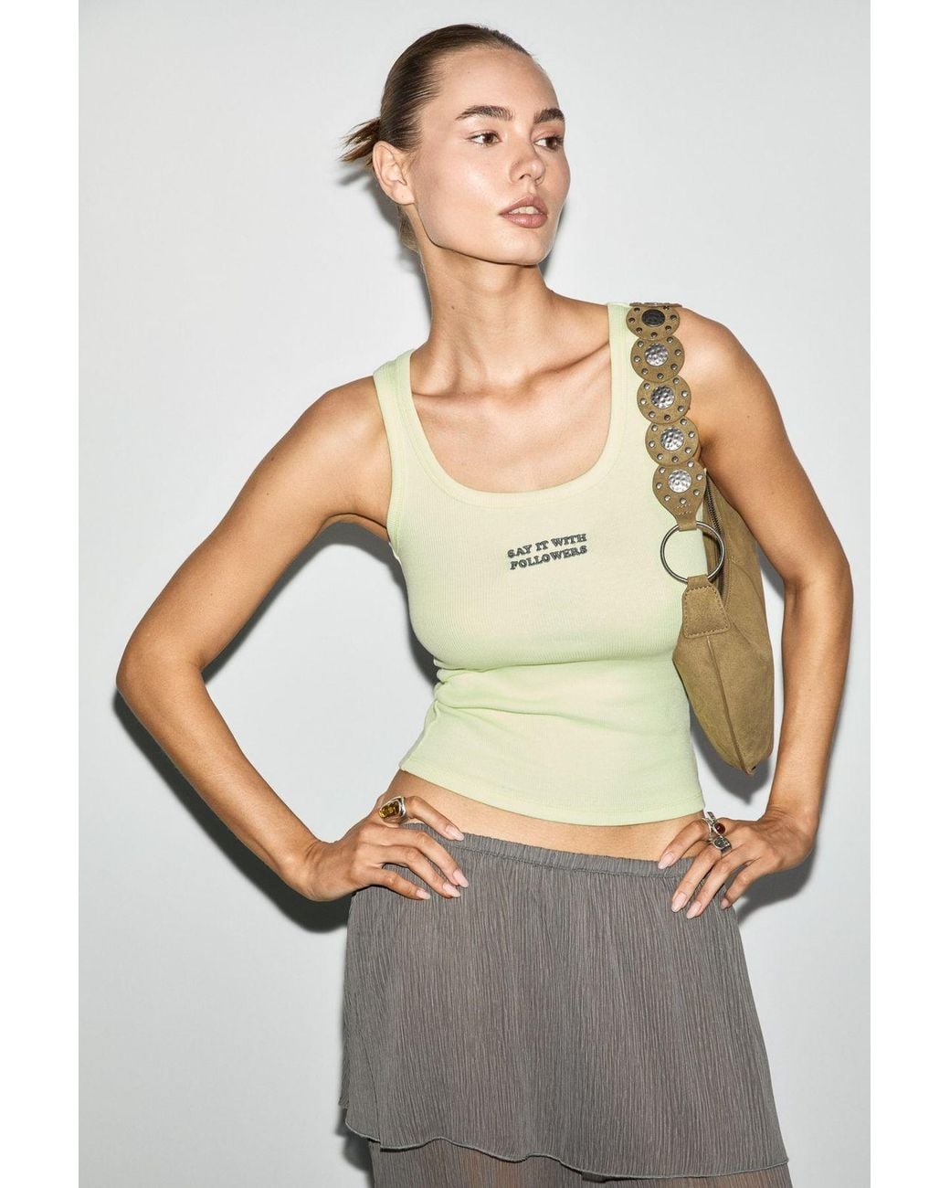 Grimelange Green Ribbed Embroidered Crop Cami