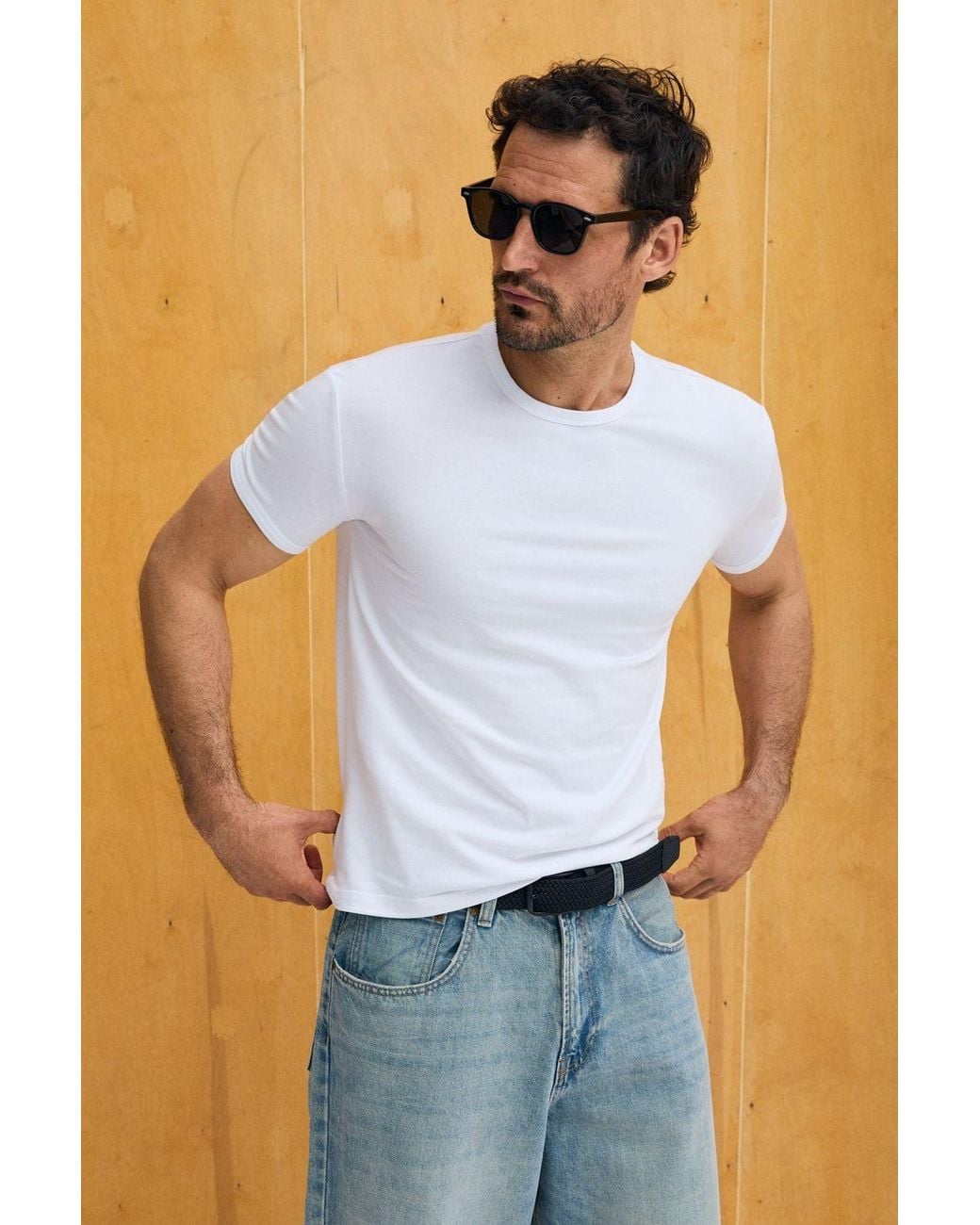 Grimelange Blue Basic Crew Neck T-Shirt for men