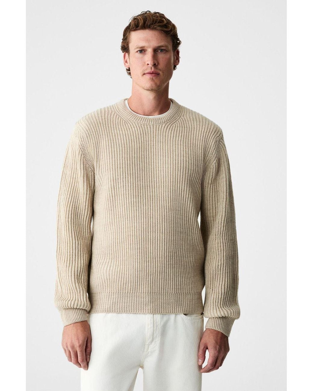 Grimelange Natural Crew Neck Ribbed Fine Knit Jumper for men