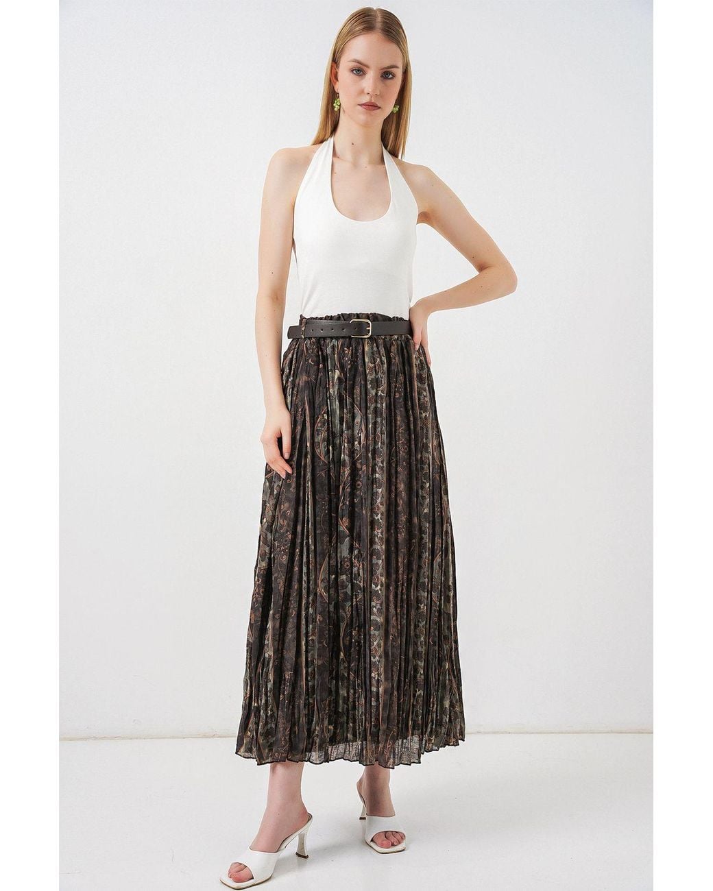 Bigdart White High-Waist Paisley Midi A-Line Skirt