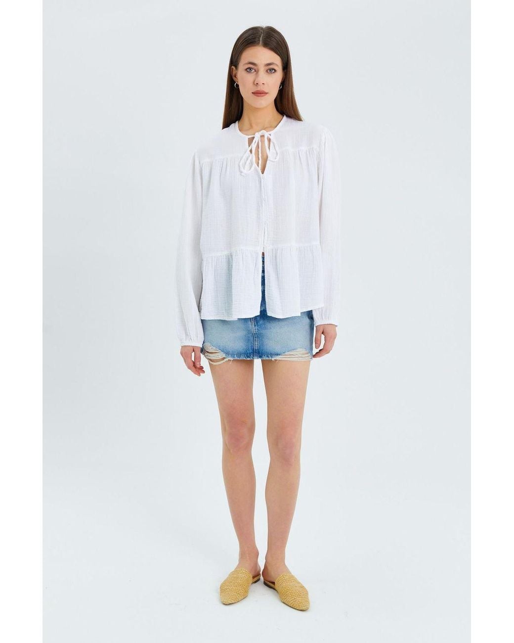 MixRay White Long Sleeve Relaxed Fit Blouse With Tie-Neck