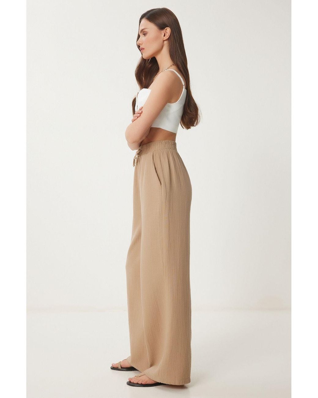 Happiness İstanbul Natural Wide Leg Drawstring Waist Pants With Binding Detail