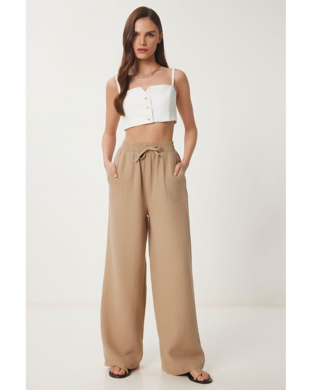 Happiness İstanbul Natural Wide Leg Drawstring Waist Pants With Binding Detail