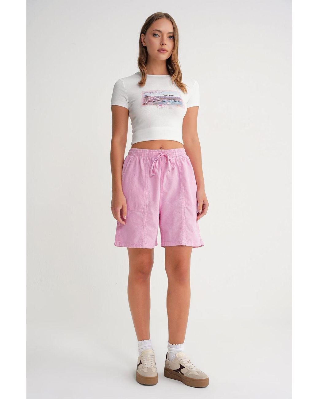 MixRay Pink High Waist Cotton Drawstring Mini Shorts