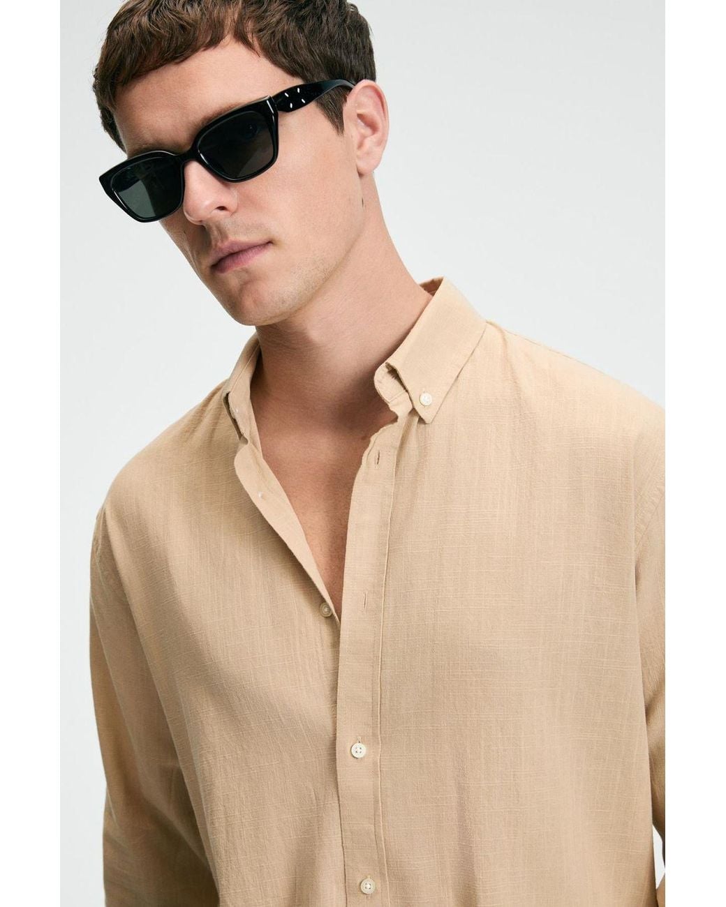 Grimelange Natural Slim Fit Button Collar Shirt for men