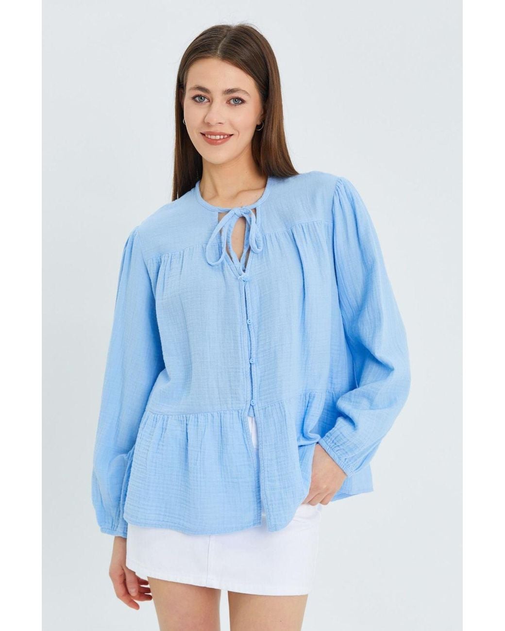 MixRay Blue Long Sleeve Relaxed Fit Blouse With Tie-Neck
