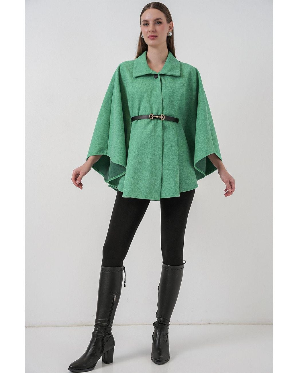 Bigdart Green Belted Tweed Cape Coat
