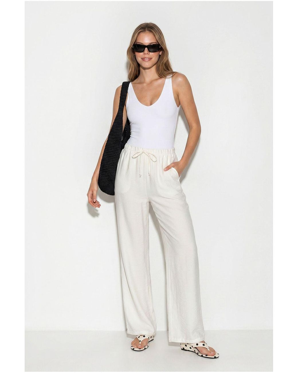 Bianco Lucci White Wide-Leg Crepe Trousers