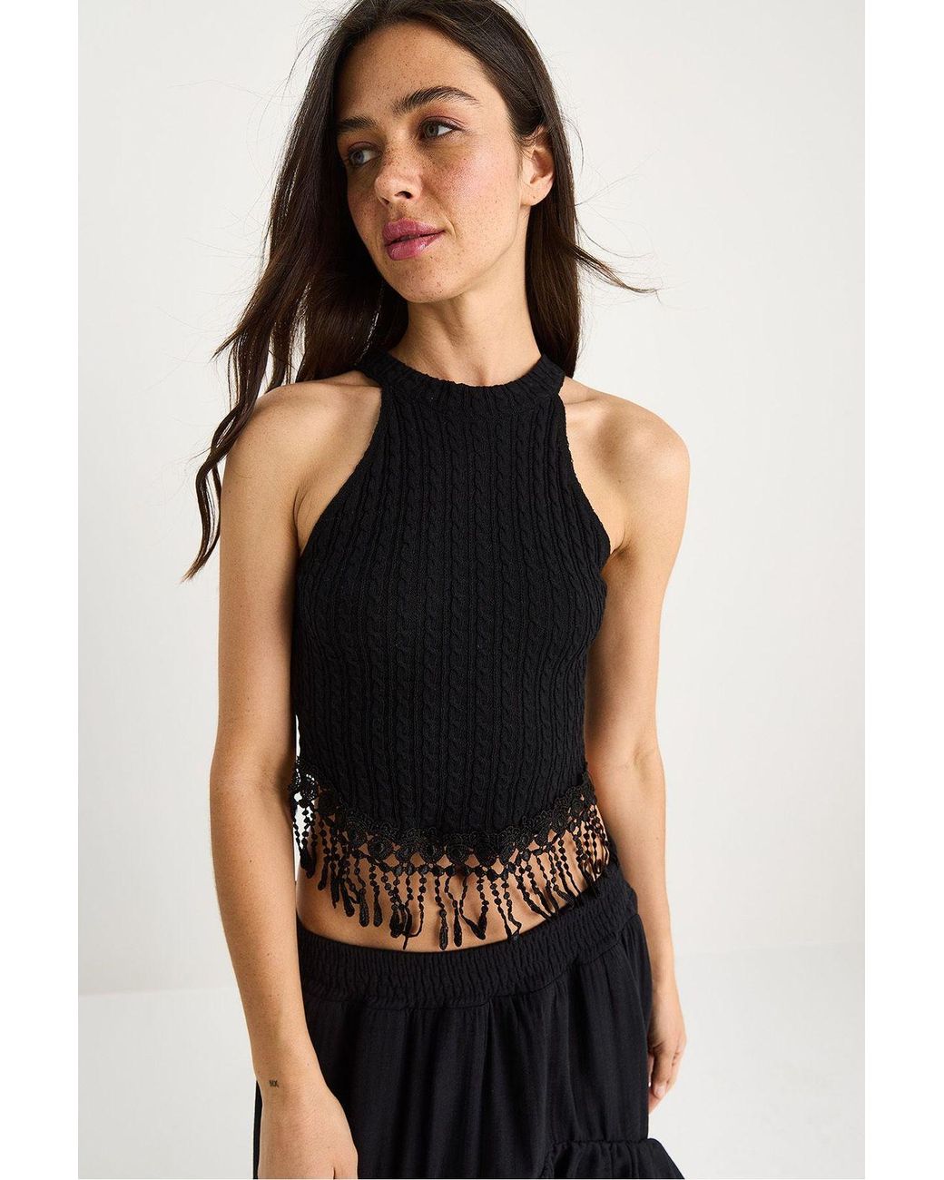 Bianco Lucci Black Textured Halter Crop Blouse