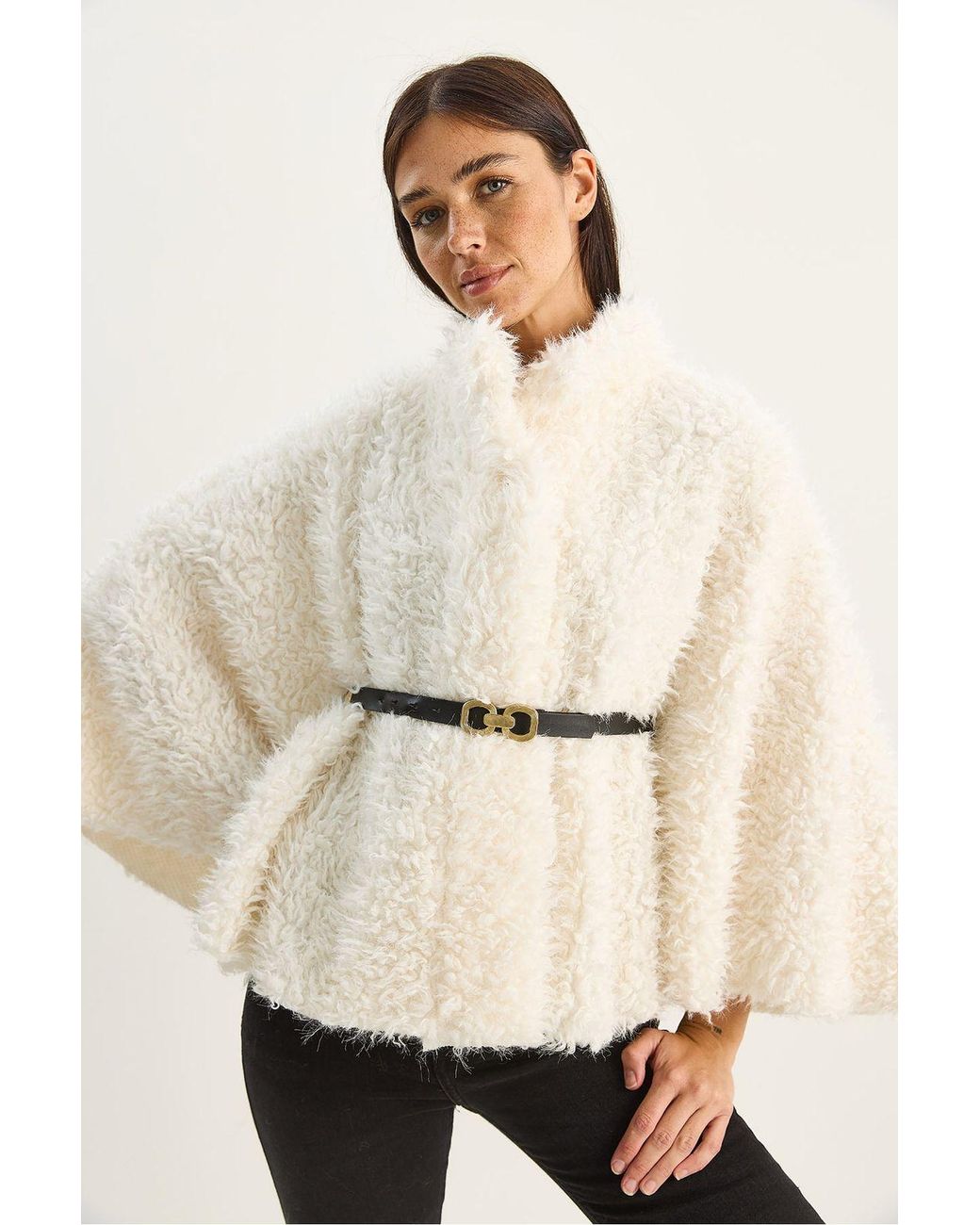 Bianco Lucci Natural Oversize Plush Coat With Jacket Collar
