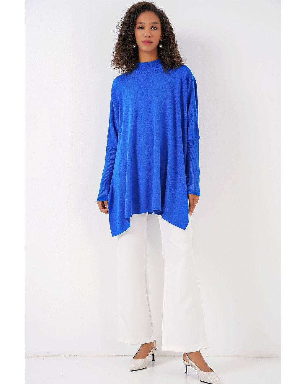 Bigdart Blue Slit Detailed Half Turtleneck Loose Sweater