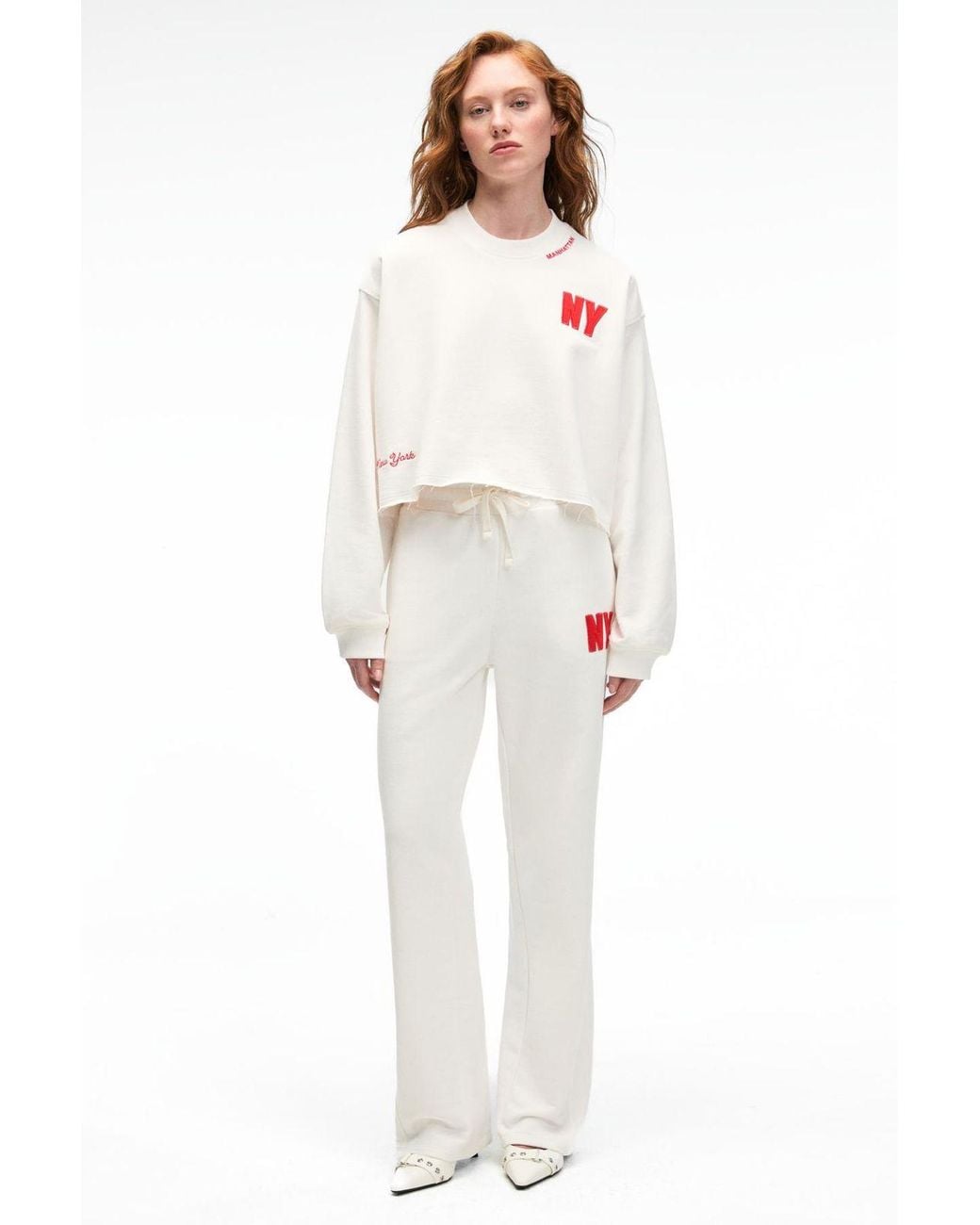 Grimelange White Wide Leg Text Print Joggers
