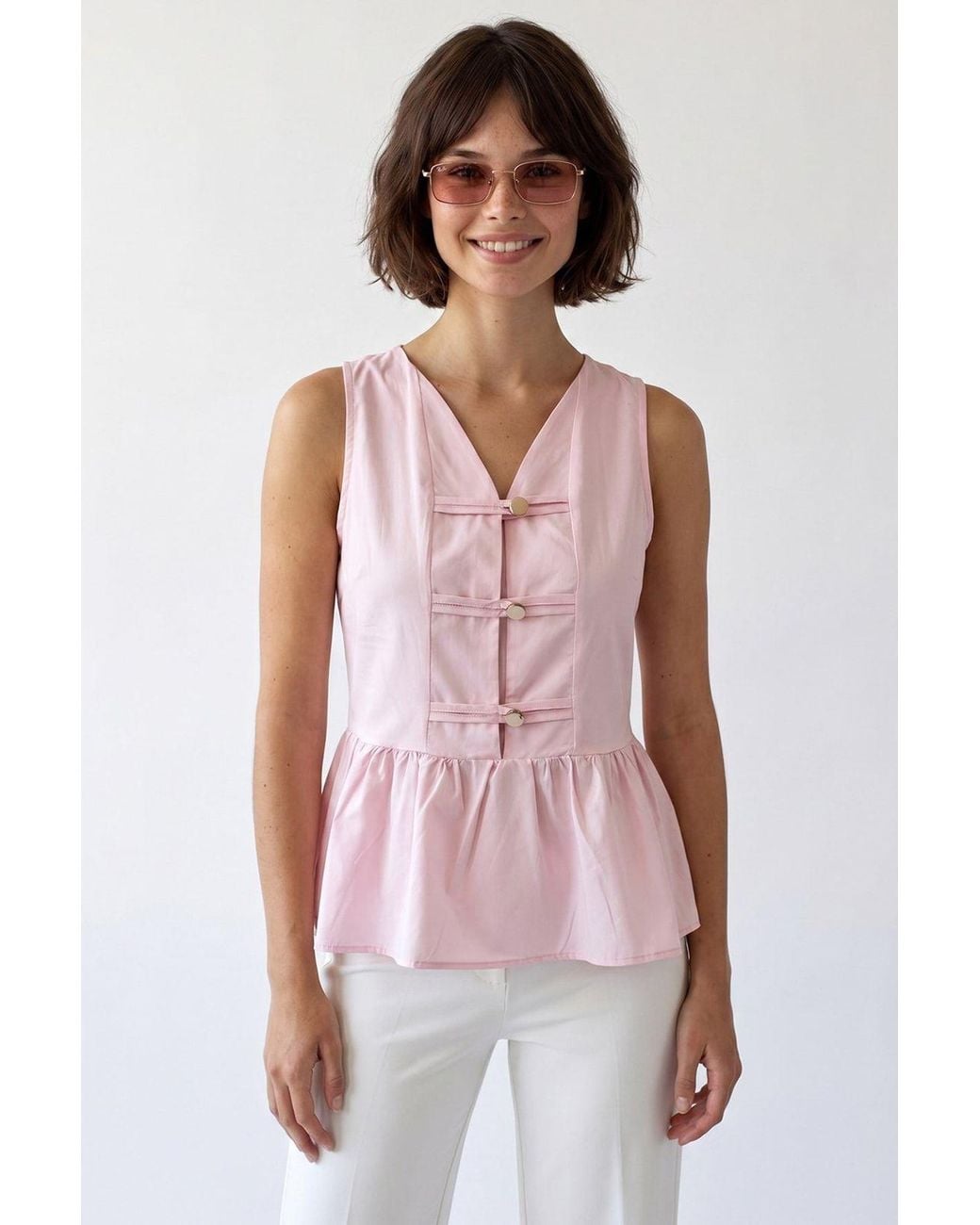 MixRay Pink Sleeveless Poplin Peplum Blouse