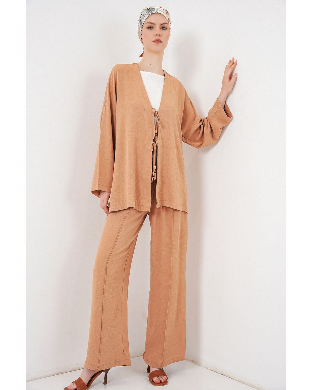 Bigdart Natural Textured V-Neck Long Cardigan And Pants Set
