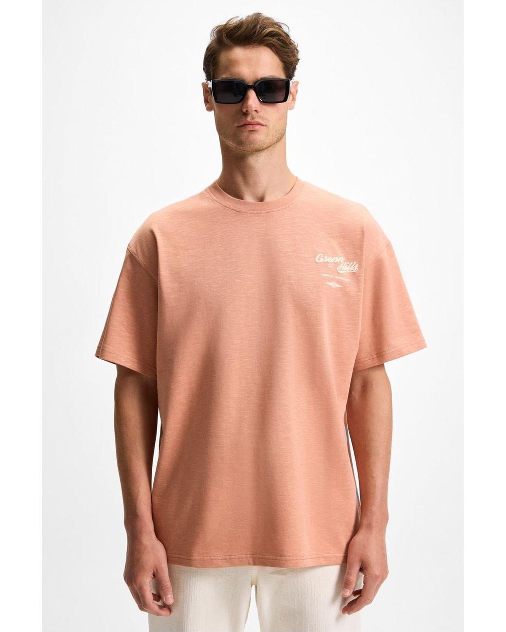 Grimelange Pink Oversized Crew Neck Logo T-Shirt for men