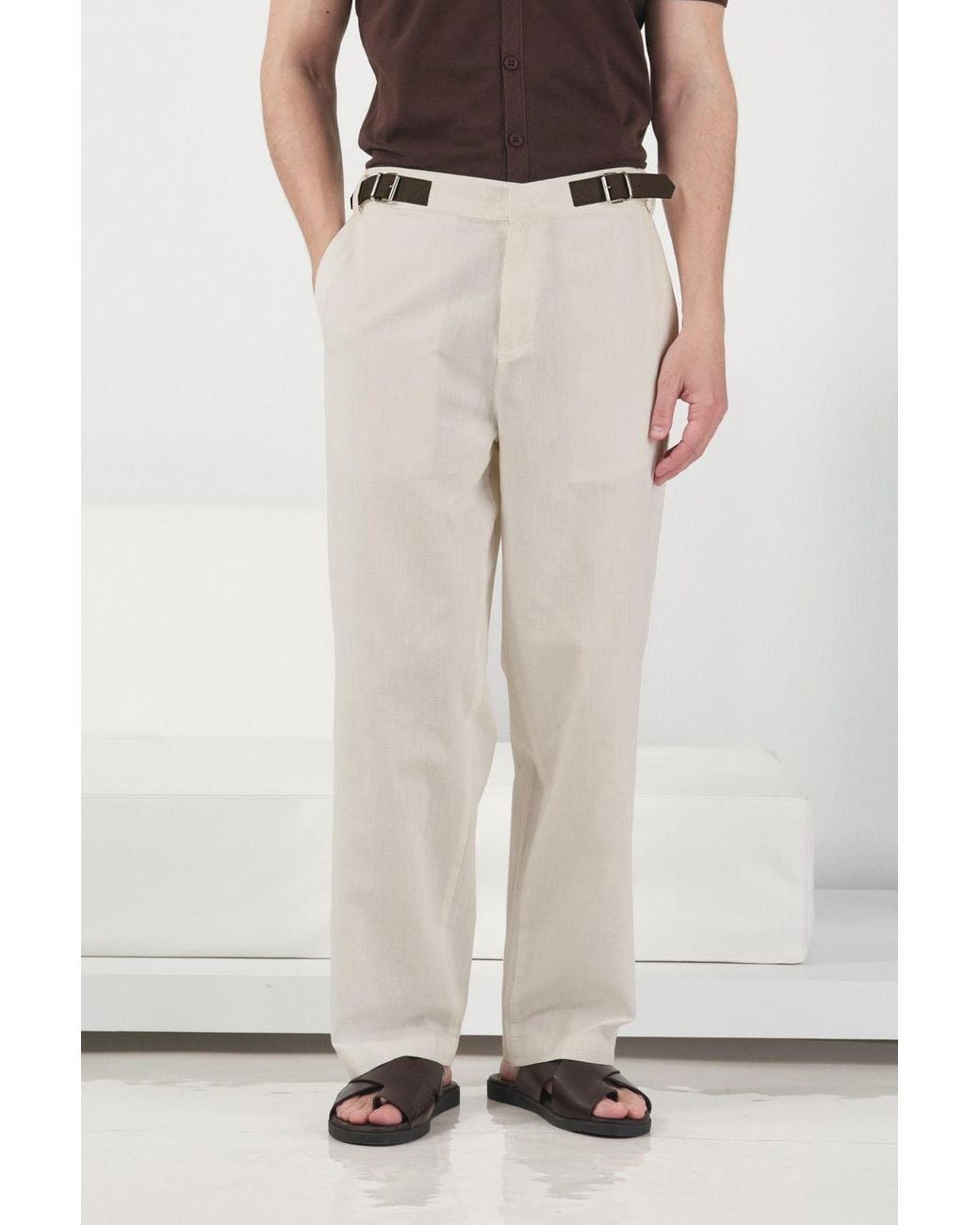Giesto White Belted Straight Leg Linen Pants for men