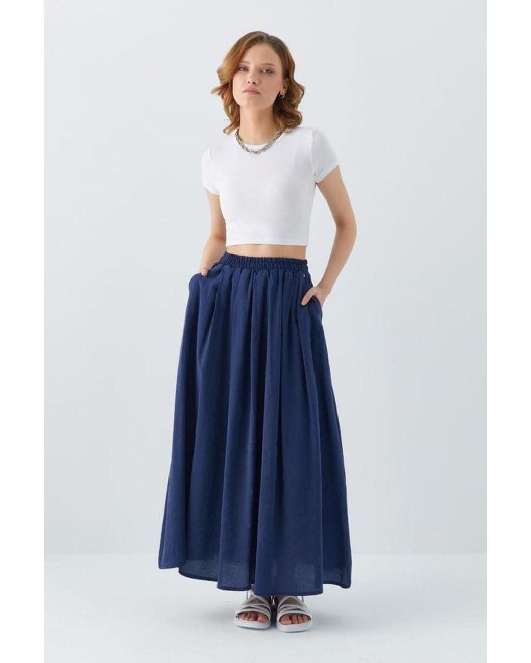 MixRay Blue High-Waisted Long Skirt With Pockets