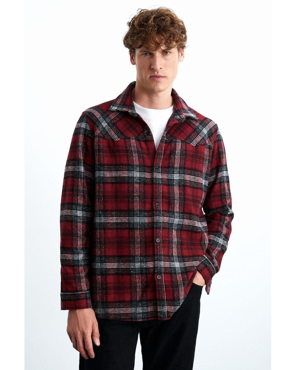 Grimelange Red Relaxed Plaid Long Sleeve Shirt for men