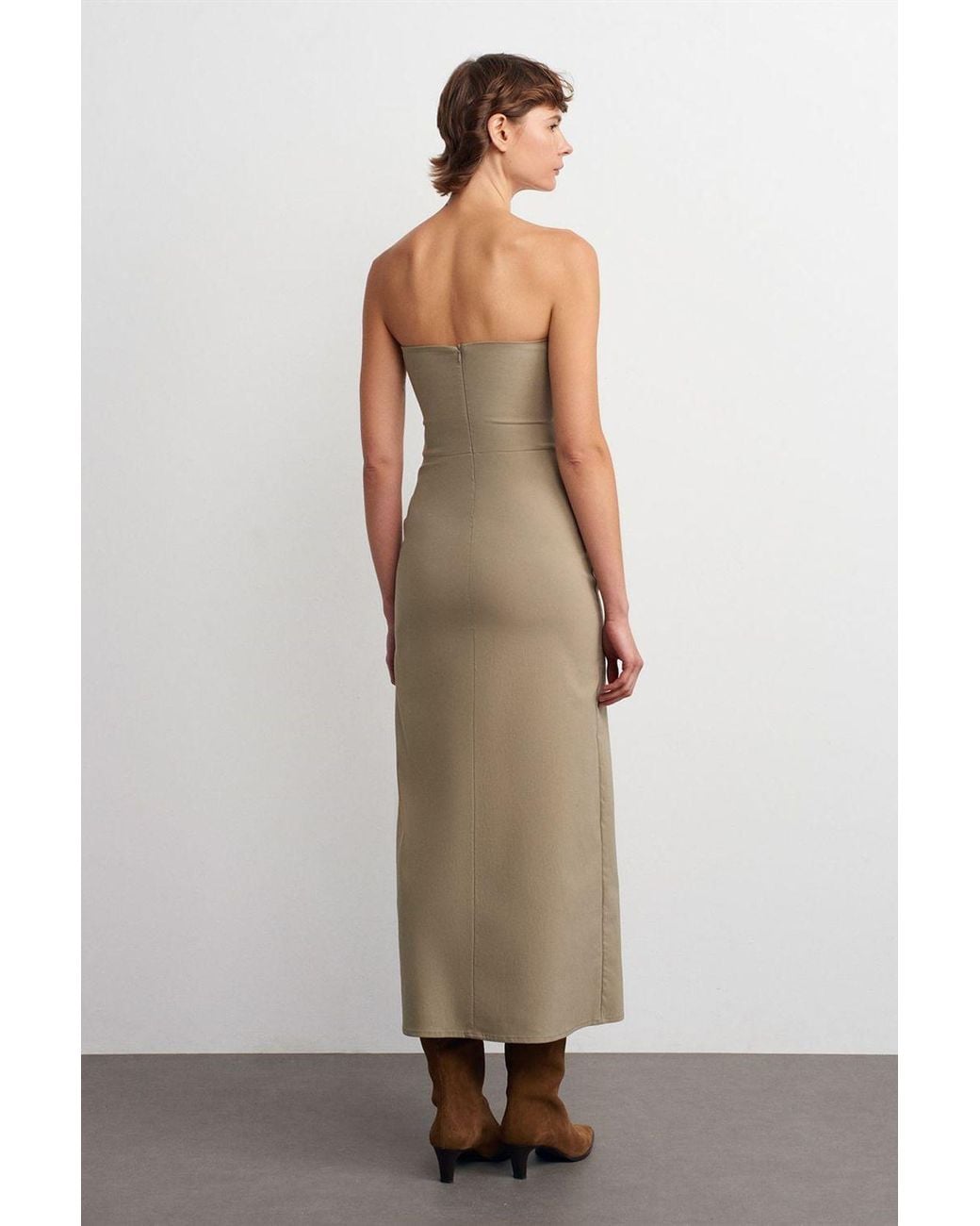 Dilvin Natural Strapless Fitted Midi Dress With Slit