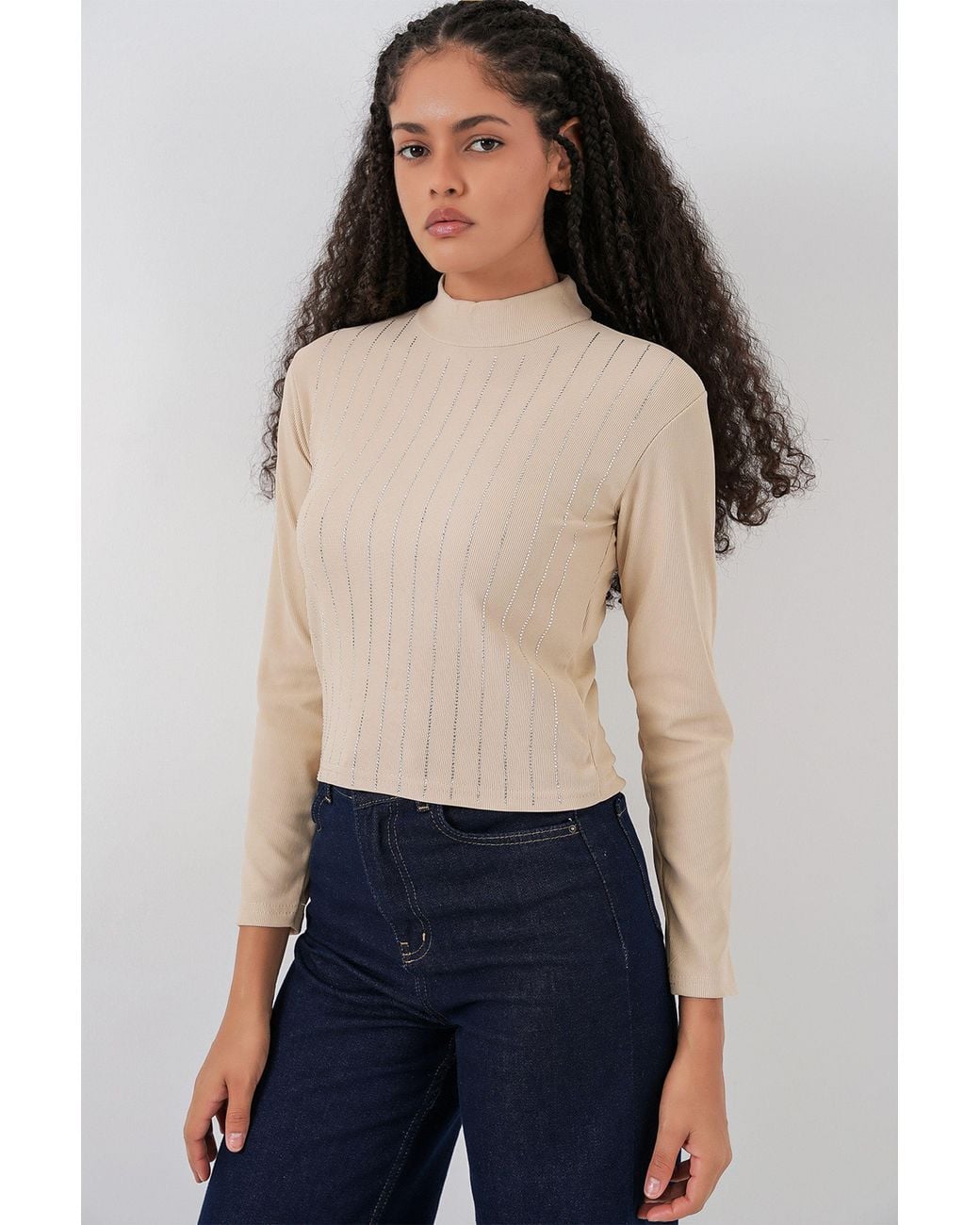 Bigdart Natural Striped Half Turtleneck Long Sleeve Top With Stone Detail