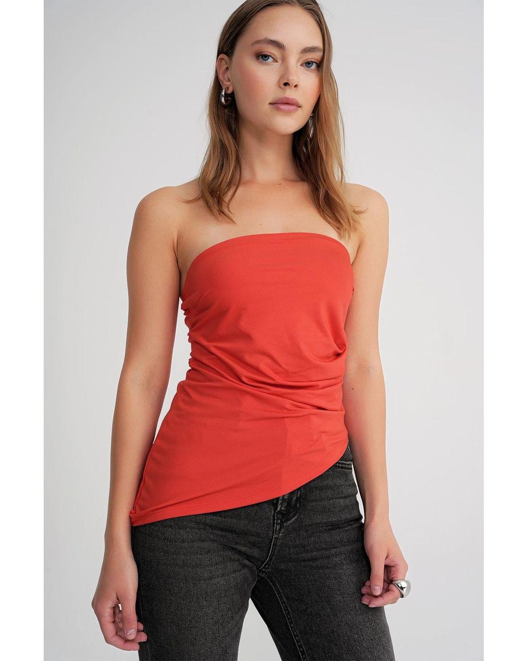 MixRay Red Strapless Draped Blouse