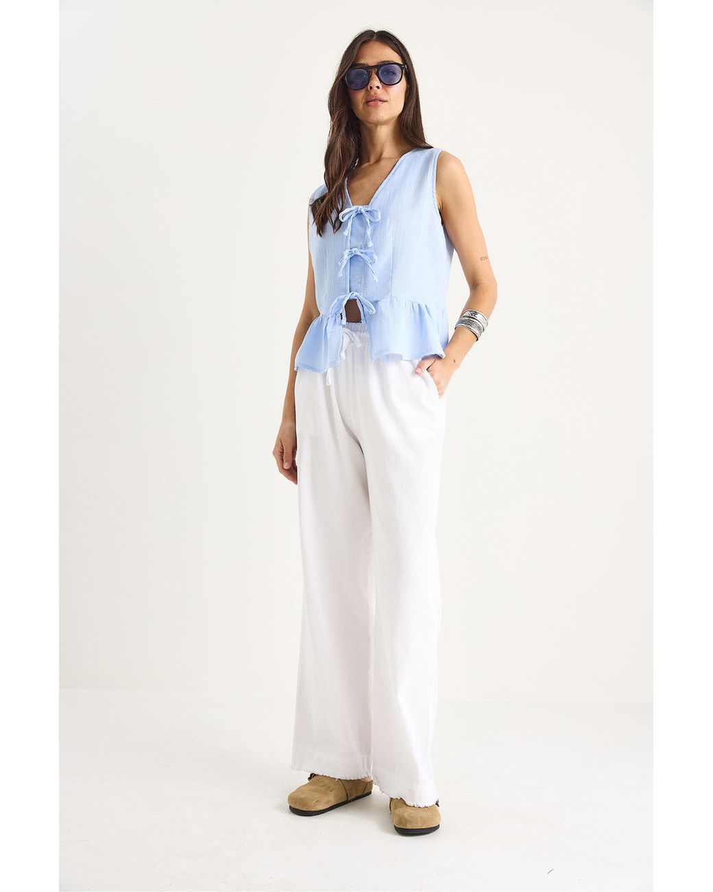 Bianco Lucci White Elastic Waist Straight Leg Pants