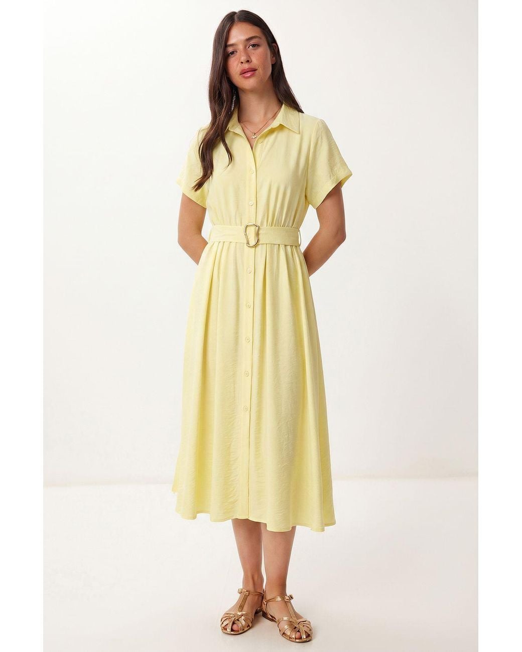 Happiness İstanbul Natural Belted Poplin Shirt Midi Dress