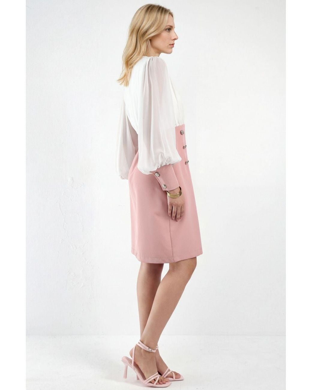 Msn-Collection Pink V-Neck Midi Dress With Button Detail