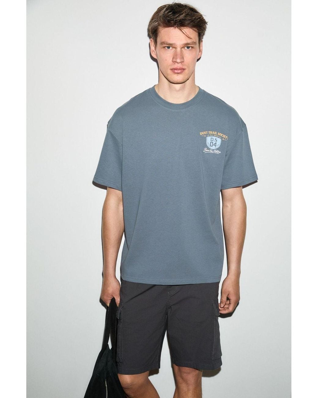 Grimelange Gray Printed Crew Neck T-Shirt for men