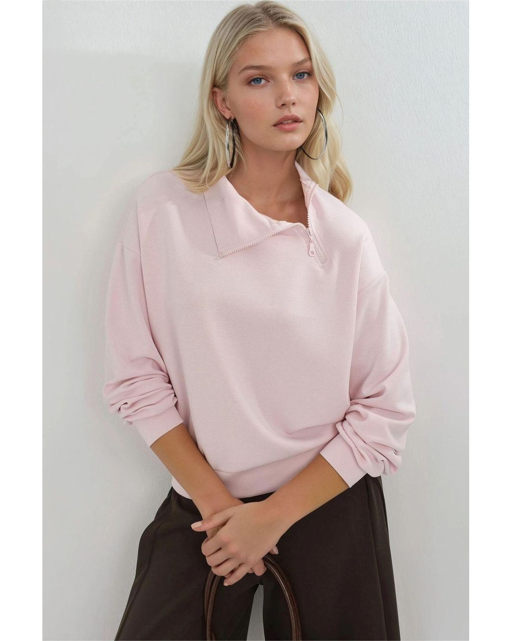 Busem Pink Relaxed Fit Zipper Collar Sweatshirt