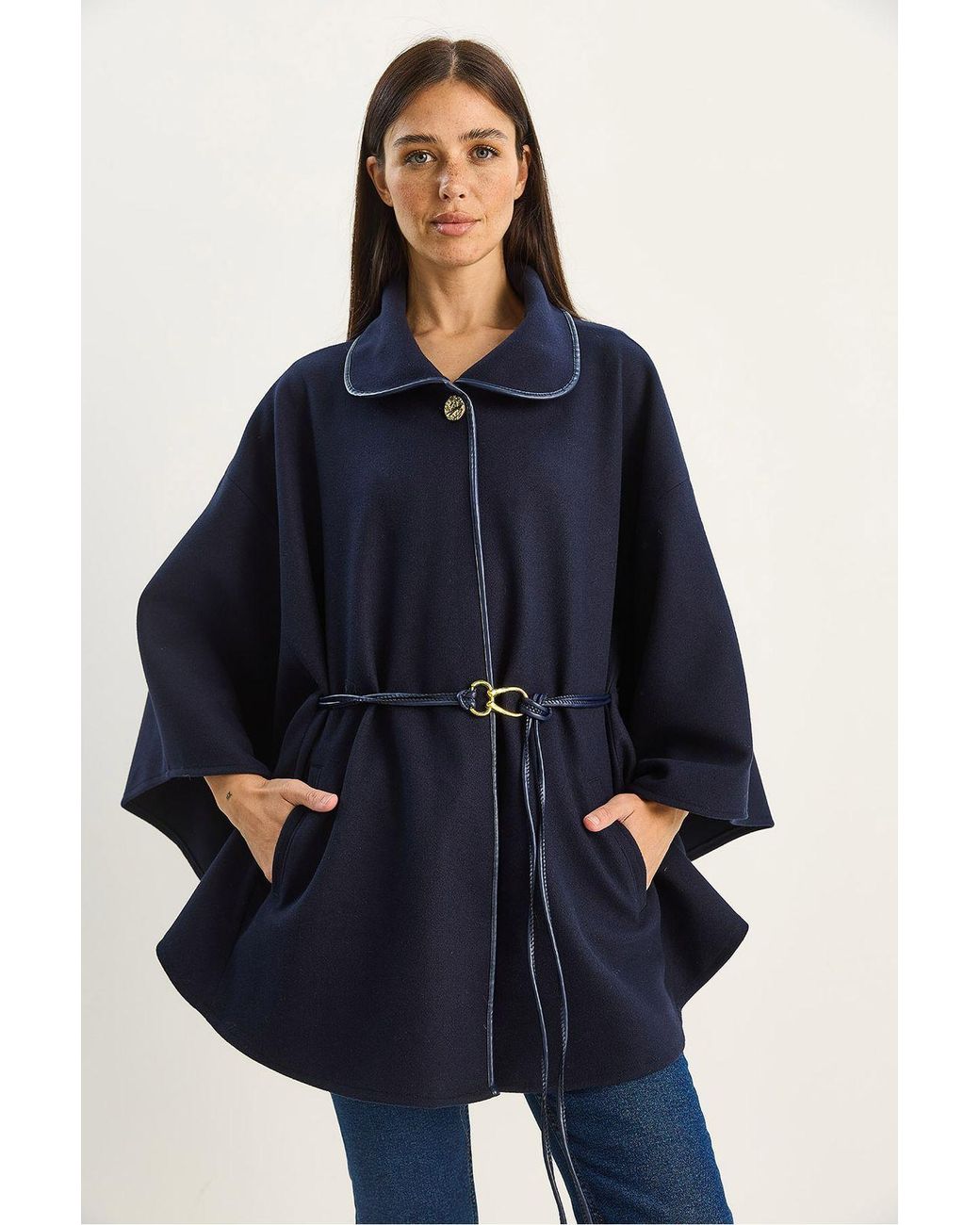Bianco Lucci Blue Oversized Textured Wool Blend Overcoat With Jacket Collar