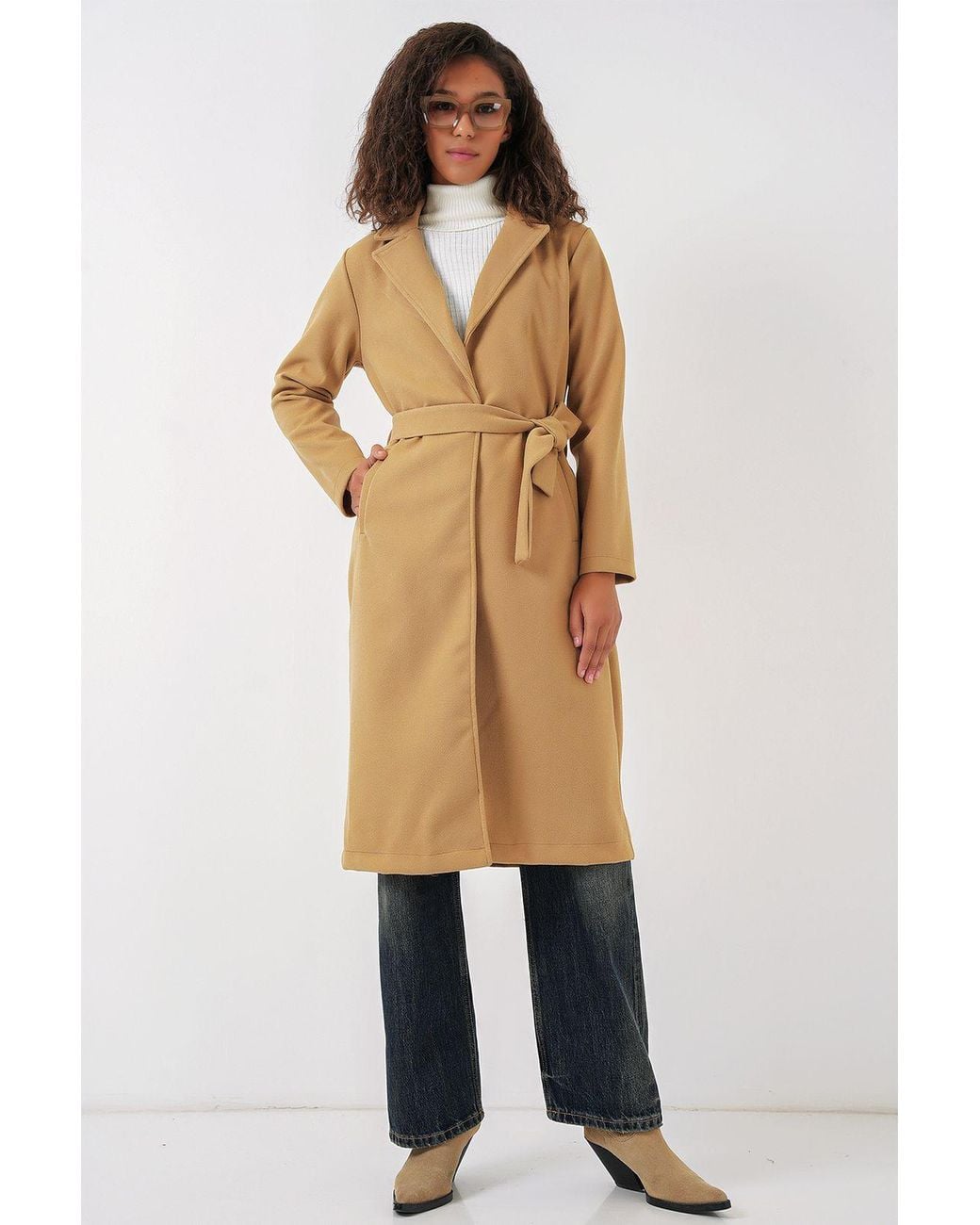 Bigdart Natural Double Breasted Tie Closure Textured Coat