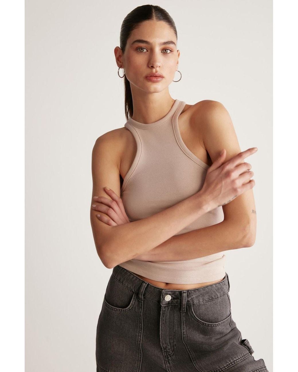 Grimelange Natural Fitted Ribbed Halterneck Crop Tank