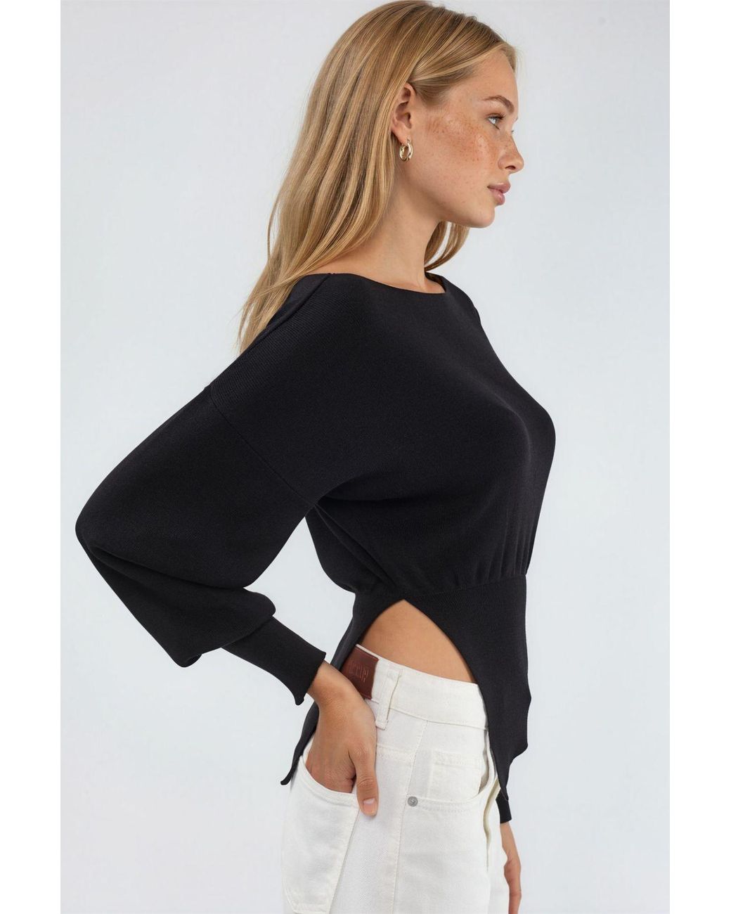 Hiccup Black Boat Neck Thickness Knit Sweater