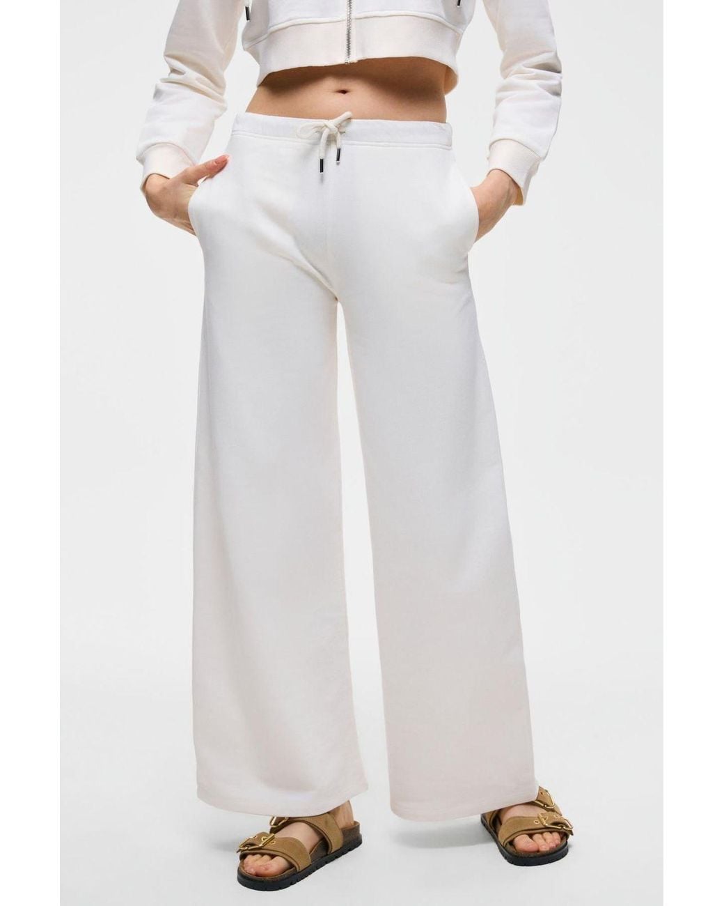 Grimelange White Elastic Waist Wide-Leg Joggers