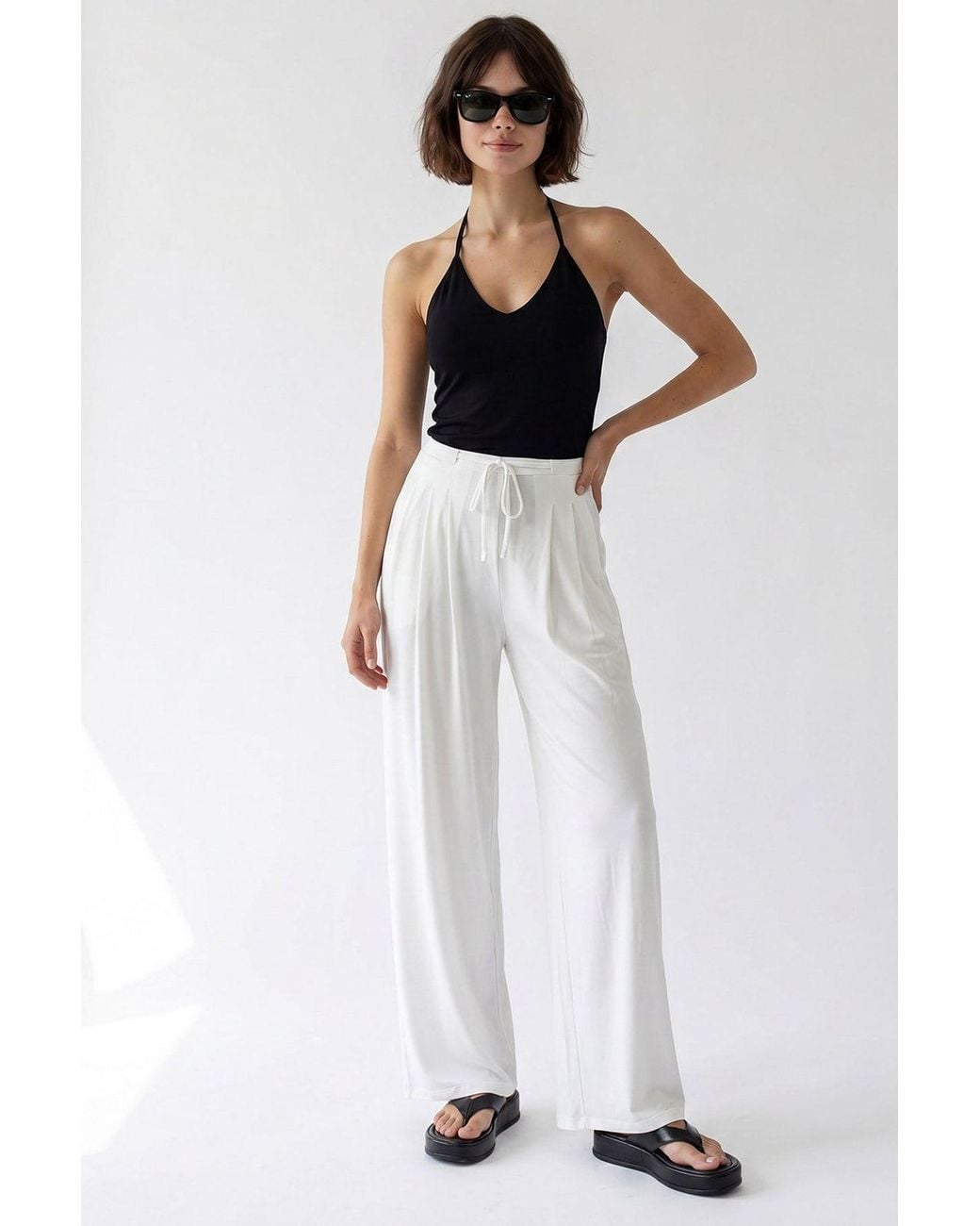 MixRay White High-Waist Wide-Leg Jersey Trousers