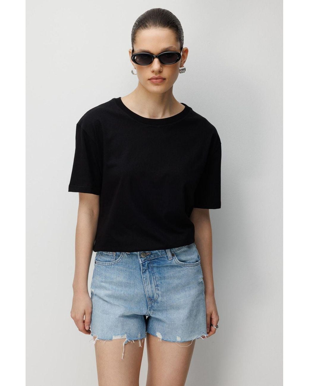 MixRay Black Oversized Ribbed Crew Neck Two-Piece T-Shirt Set