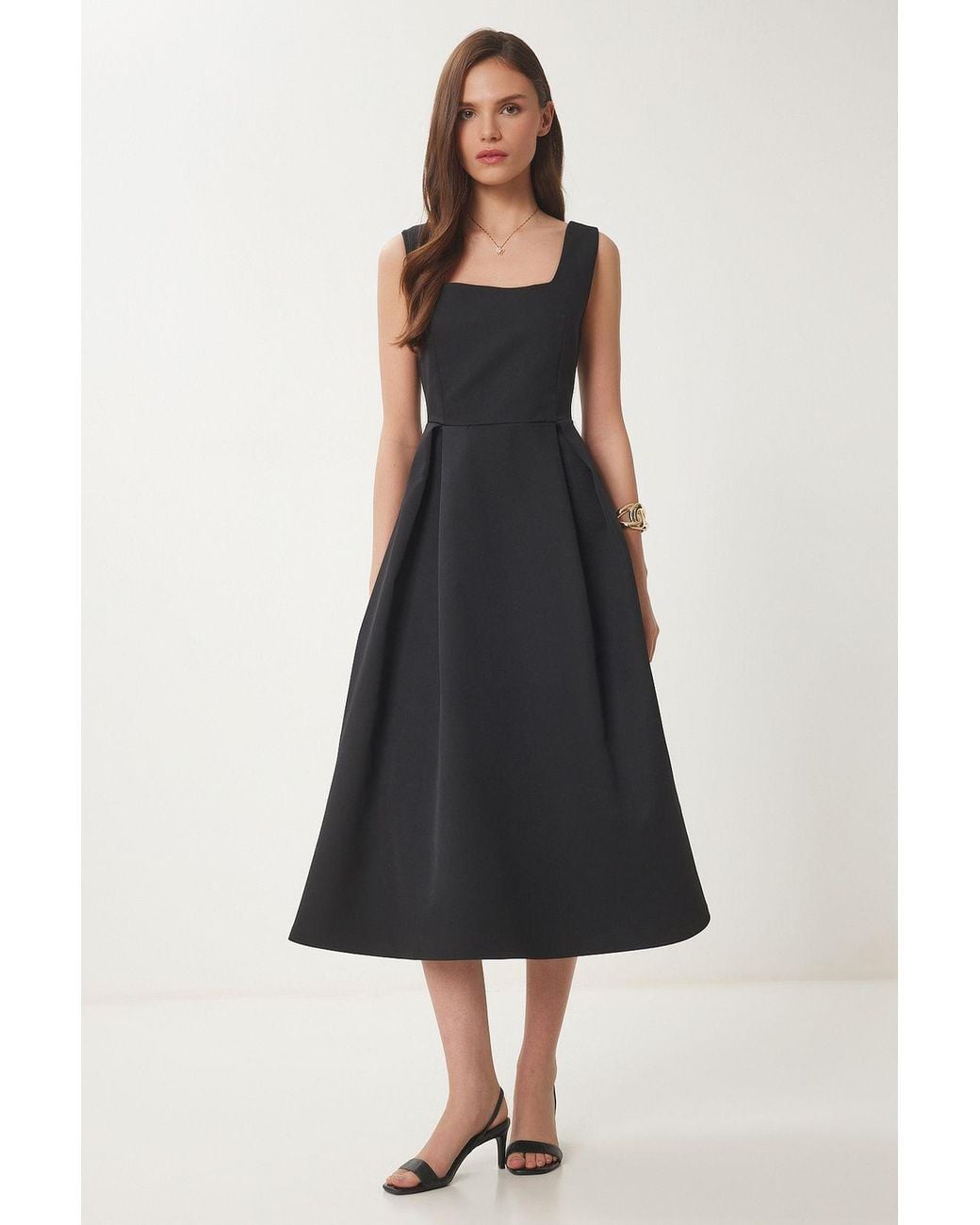 Happiness İstanbul Black Square Collar A-Form Midi Dress With Zipper Closure