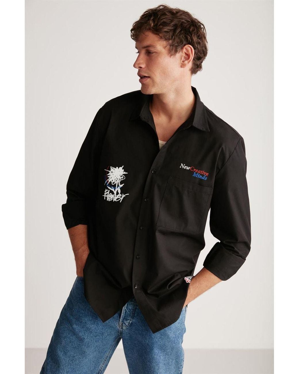 Grimelange Black Embroidered Long Sleeve Shirt for men