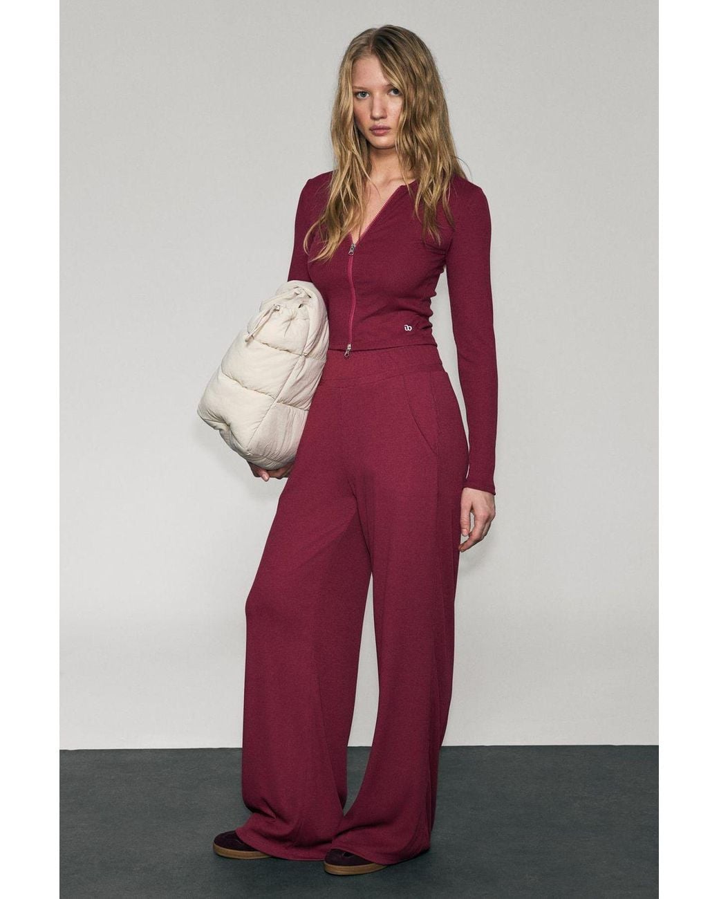 Grimelange Red Wide Leg Elastic Waist Joggers