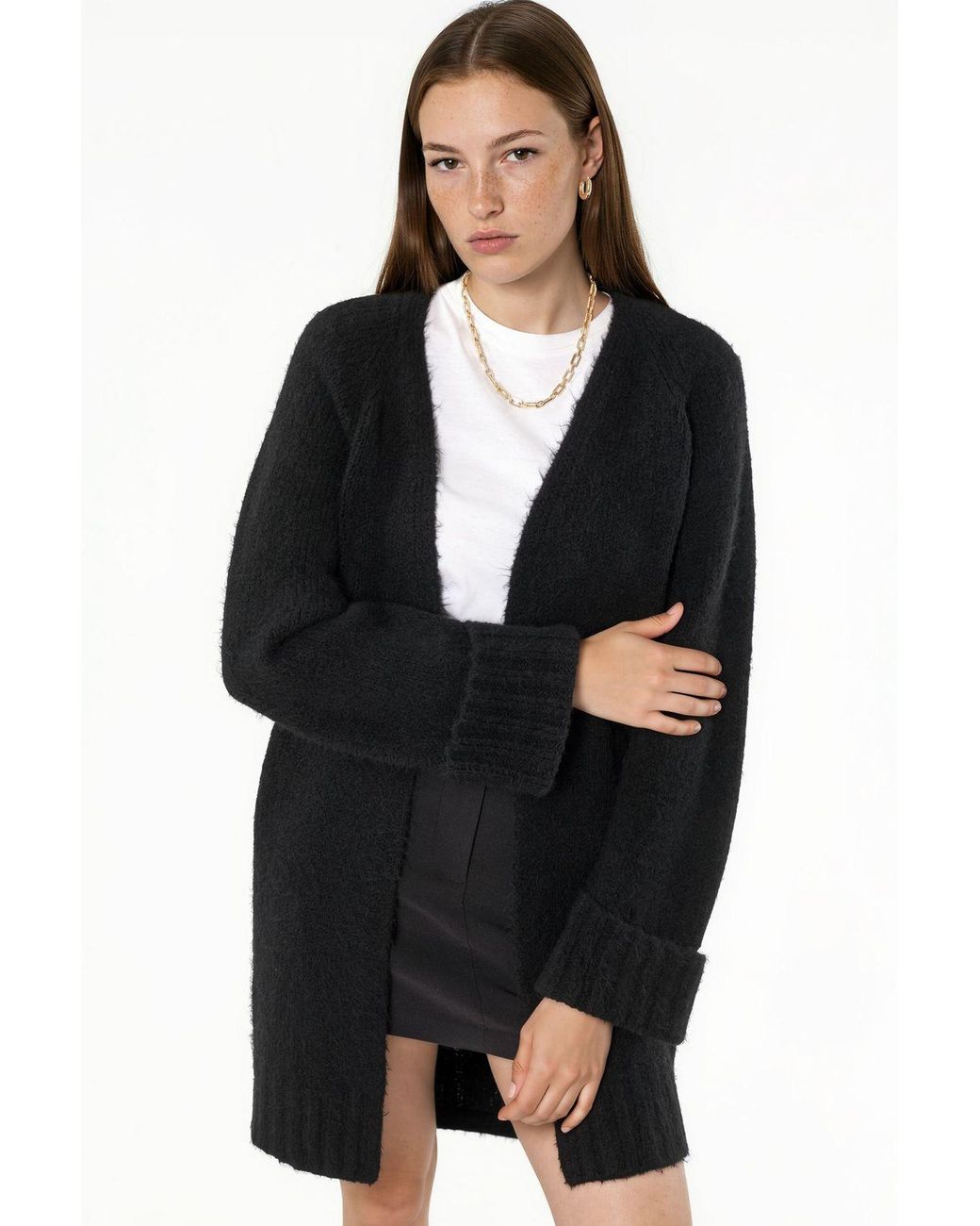 Hiccup Black Long Ribbed Knit Cardigan With Open Collar