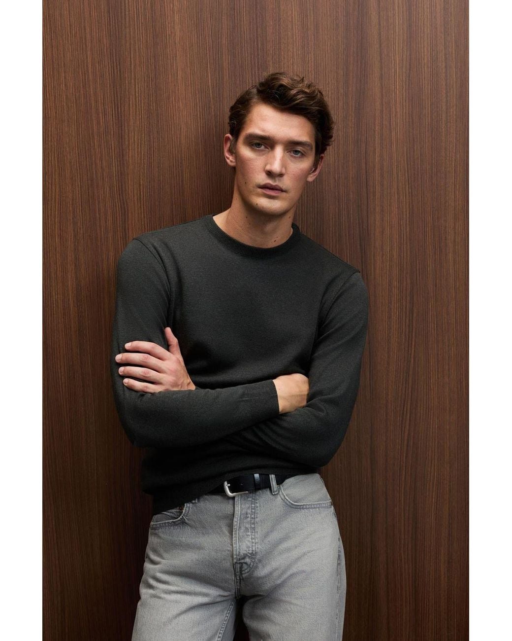Grimelange Brown Ribbed Crew Neck Jumper for men