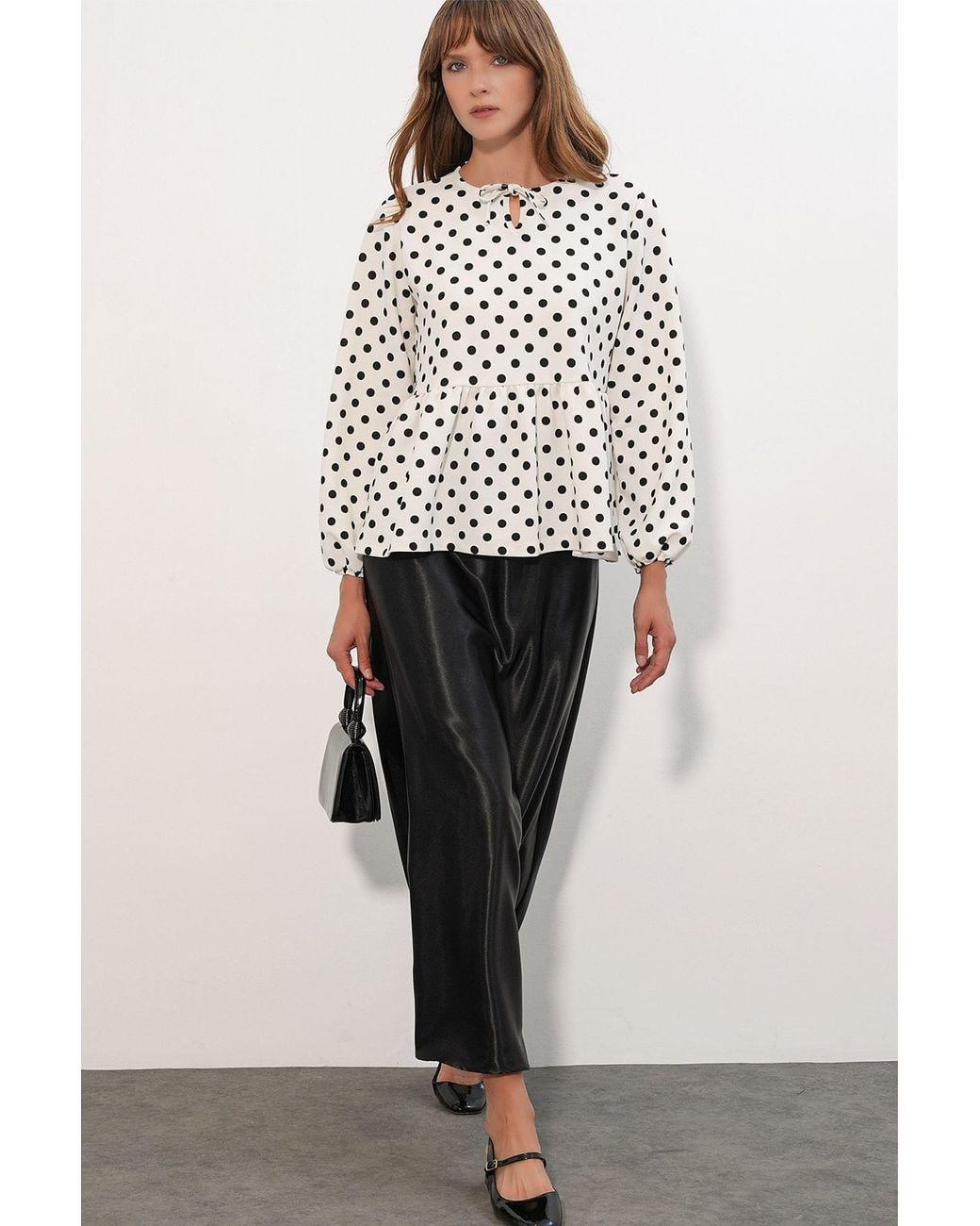 Bigdart White Polka Dot Crepe Tie-Detail Blouse