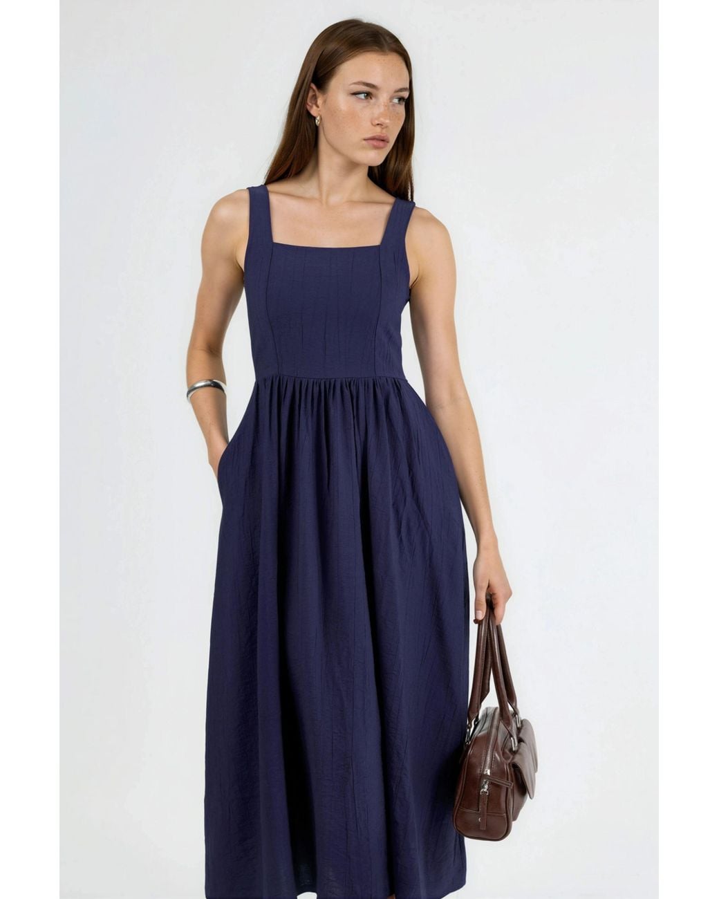 Busem Blue Solid Midi Dress With Square Collar