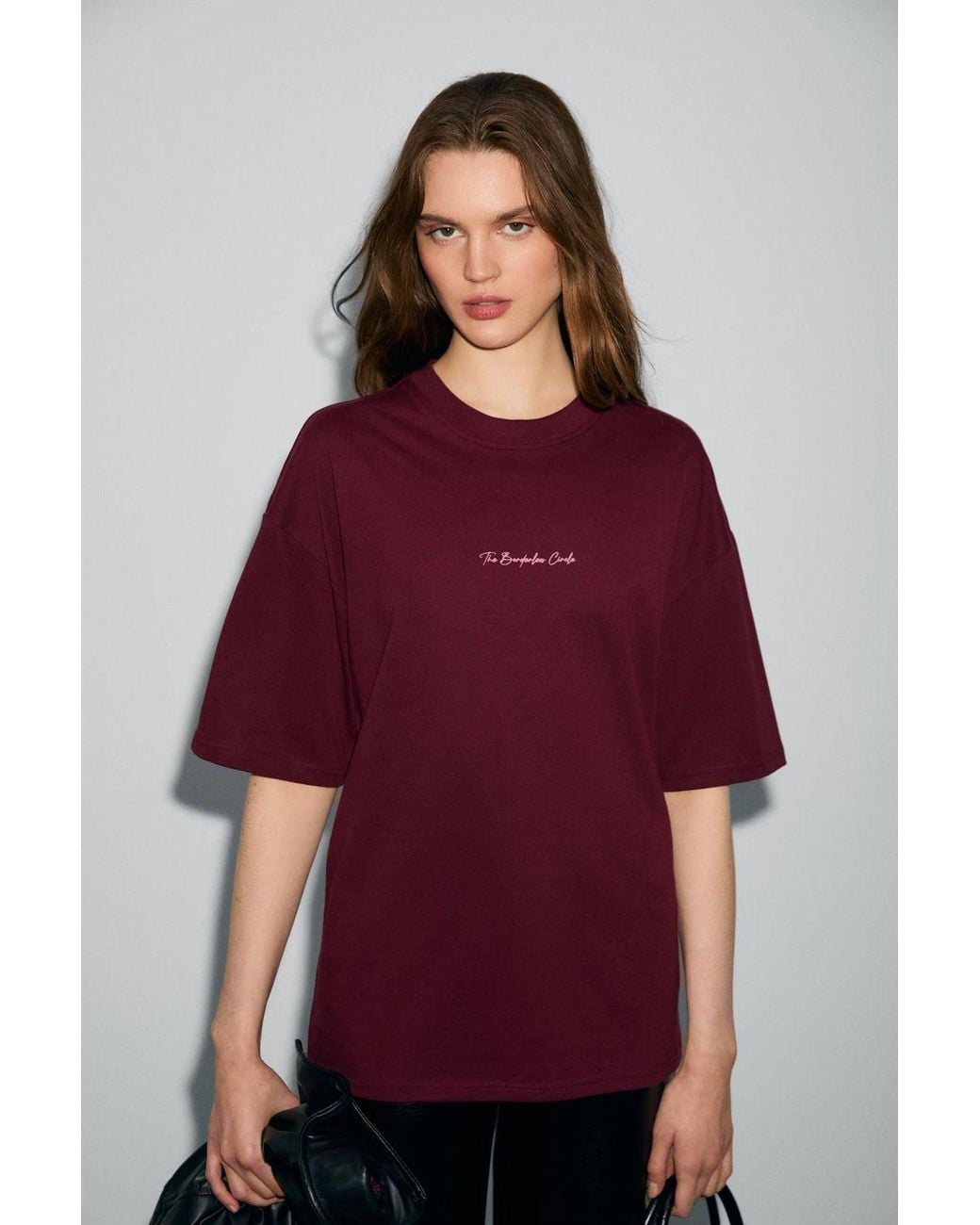 Grimelange Purple Oversized Crew Neck Printed T-Shirt
