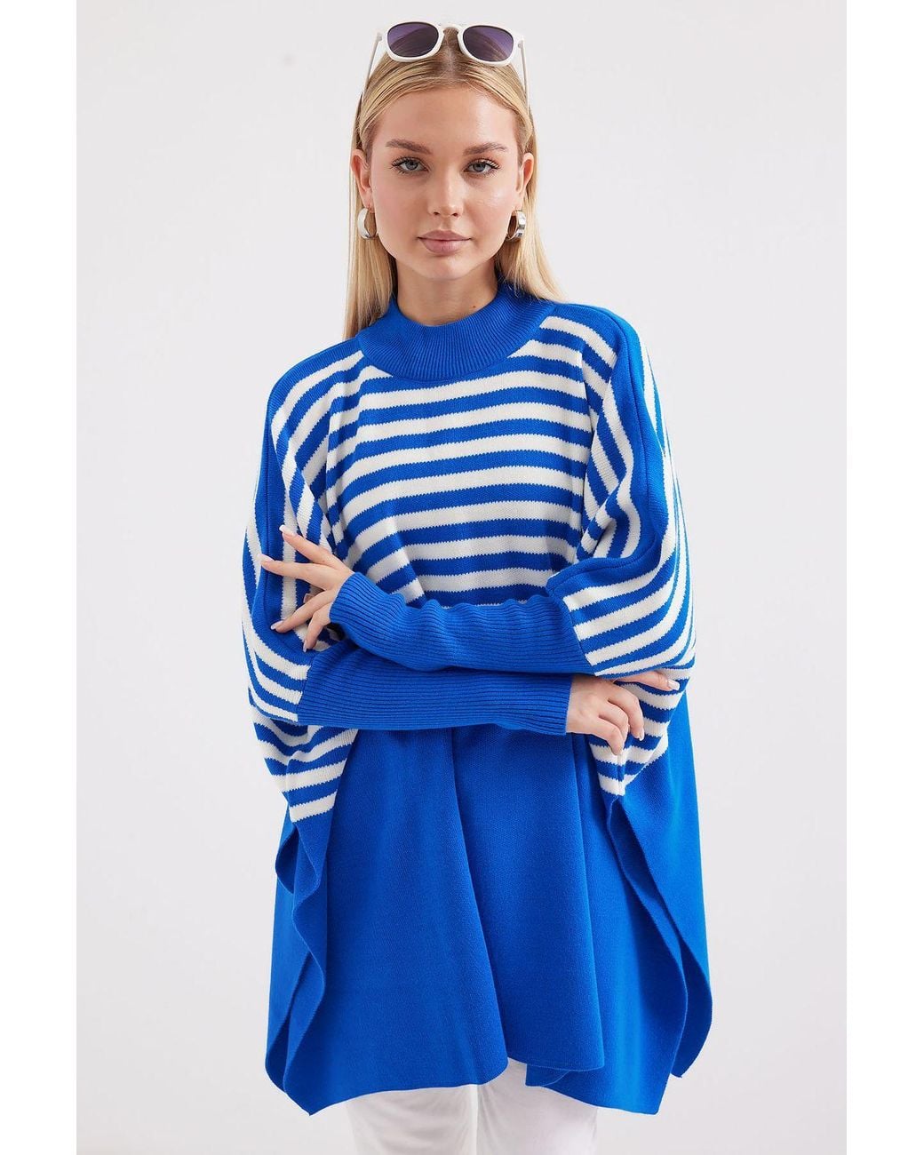 Bigdart Blue Slit Detailed Half Turtleneck Loose Sweater