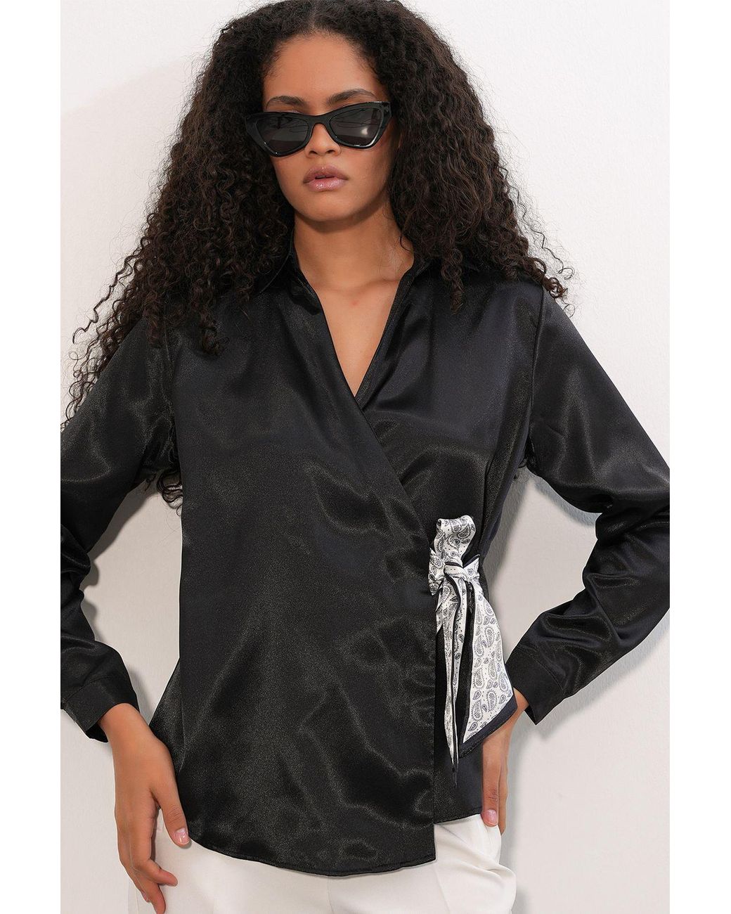 Bigdart Black Satin Tie-Front Shirt