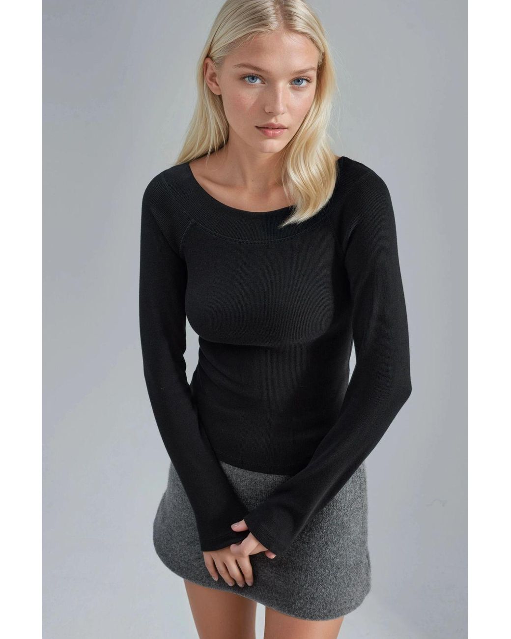 Busem Slim Fit Geribbelde Bootneck Blouse in het Black