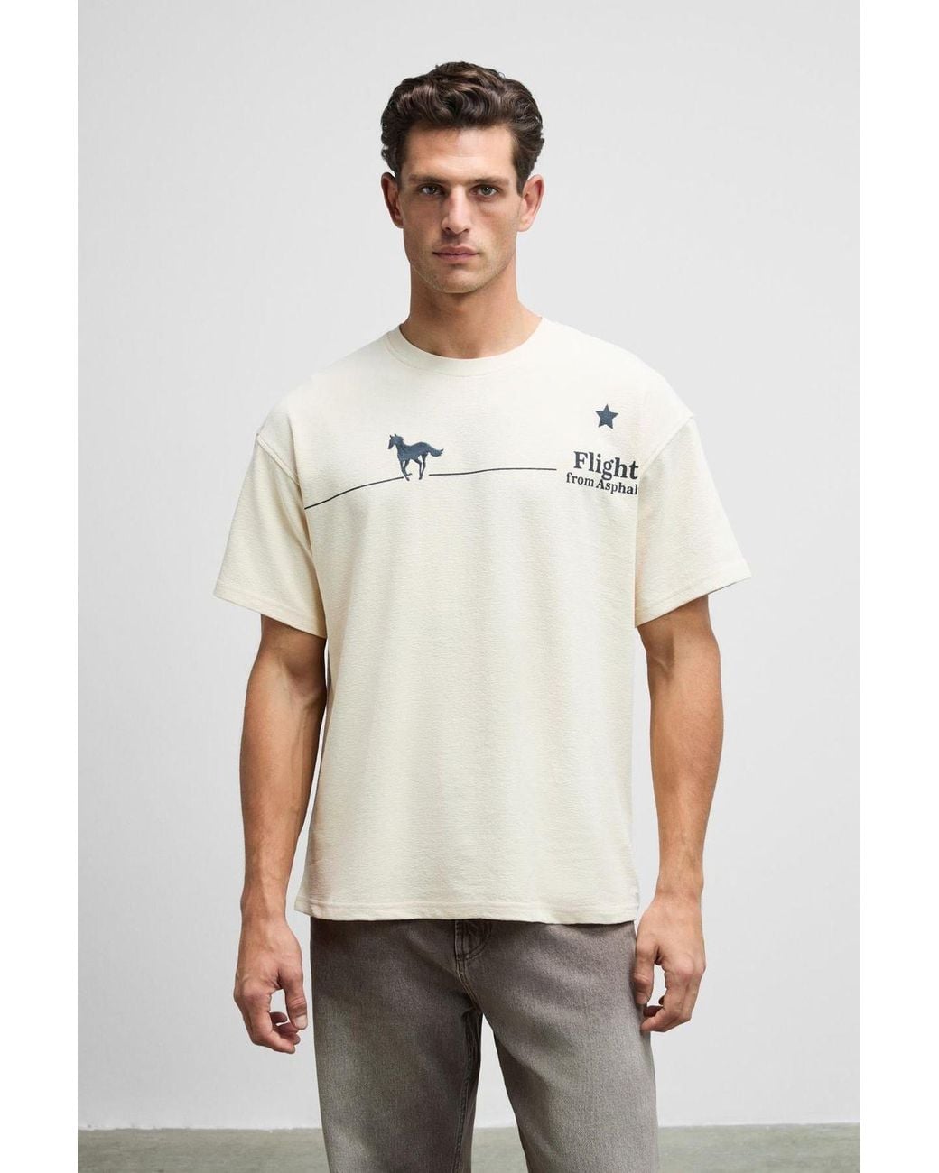 Grimelange White Oversized Printed Crew Neck T-Shirt for men