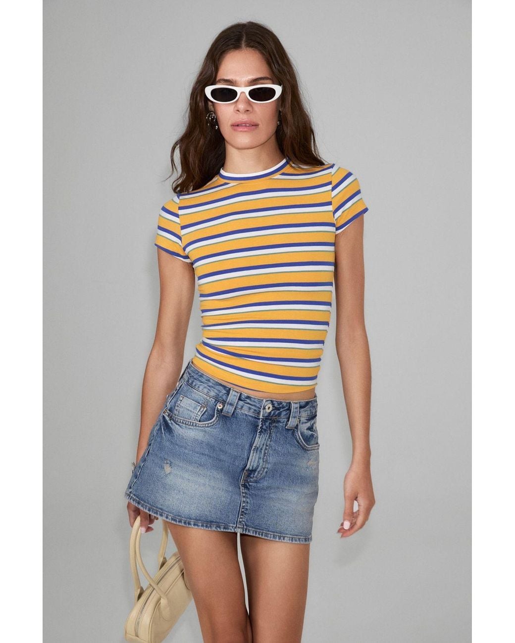 Grimelange Blue Slim Fit Crop Crew Neck T-Shirt